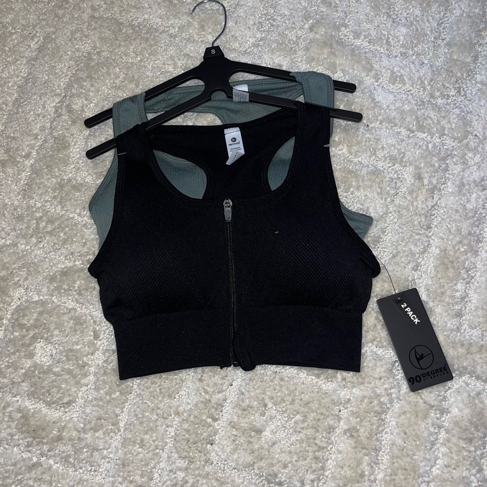 90 Degree By Reflex Black and Gray Zip-Up Sports Bras